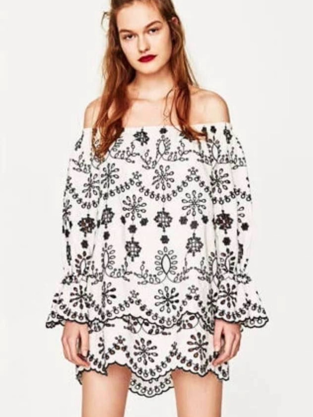 Zara White Off-Shoulder Mini Dress with Black Embroidery
